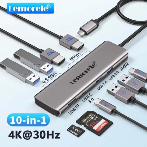 Lemorele 10 in 1 Ports USB C HUB Type C Adapter Hub USB to 2* 4K HDMI 30Hz PD100W Fast Charging SD/TF ports Computer Accessories