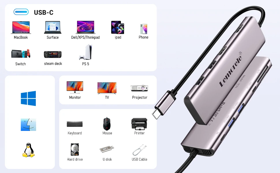 Lemorele 10 in 1 Ports USB C HUB Type C Adapter Hub USB to 2* 4K HDMI 30Hz PD100W Fast Charging SD/TF ports Computer Accessories