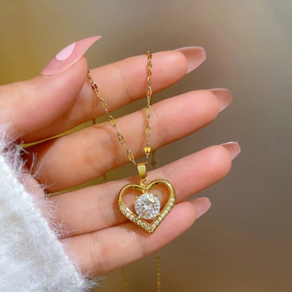 Artificial Gems Heart Pendant Necklace for women 2022 Golden Stainless Steel Lips Neck Chain Female Necklaces Jewelry for Girl - Image 2