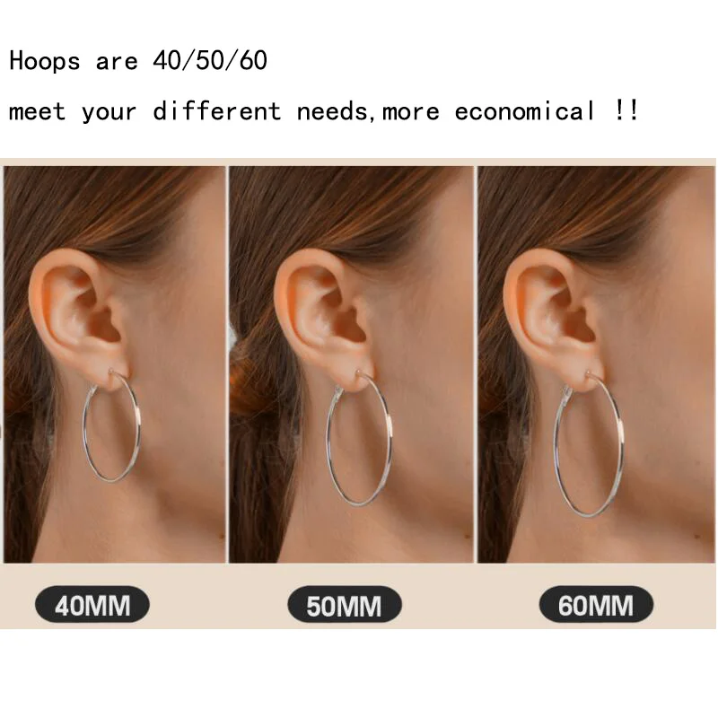 925 Silver Needle Hoop Earrings for Women Hypoallergenic Lightweight Large Silver Earrings Big Hoops Jewelry Gifts（40/50/60mm）