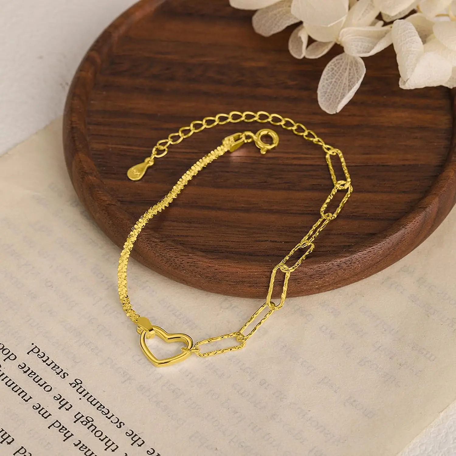 Cute Hollow Love Heart Charm Chain Bracelets for Women 14K Gold Plated Jewelry Gifts Sparkly Adjustable Splicing Link Bracelet