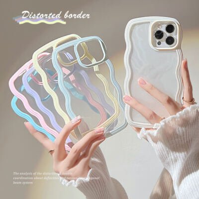 Funda iPhone 13 ondulada transparente con borde pastel en varios colores.